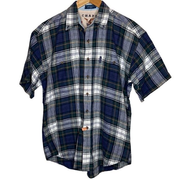 Chaps Ralph Lauren short sleeve plaid button linen cotton blend medium m… - Picture 1 of 4